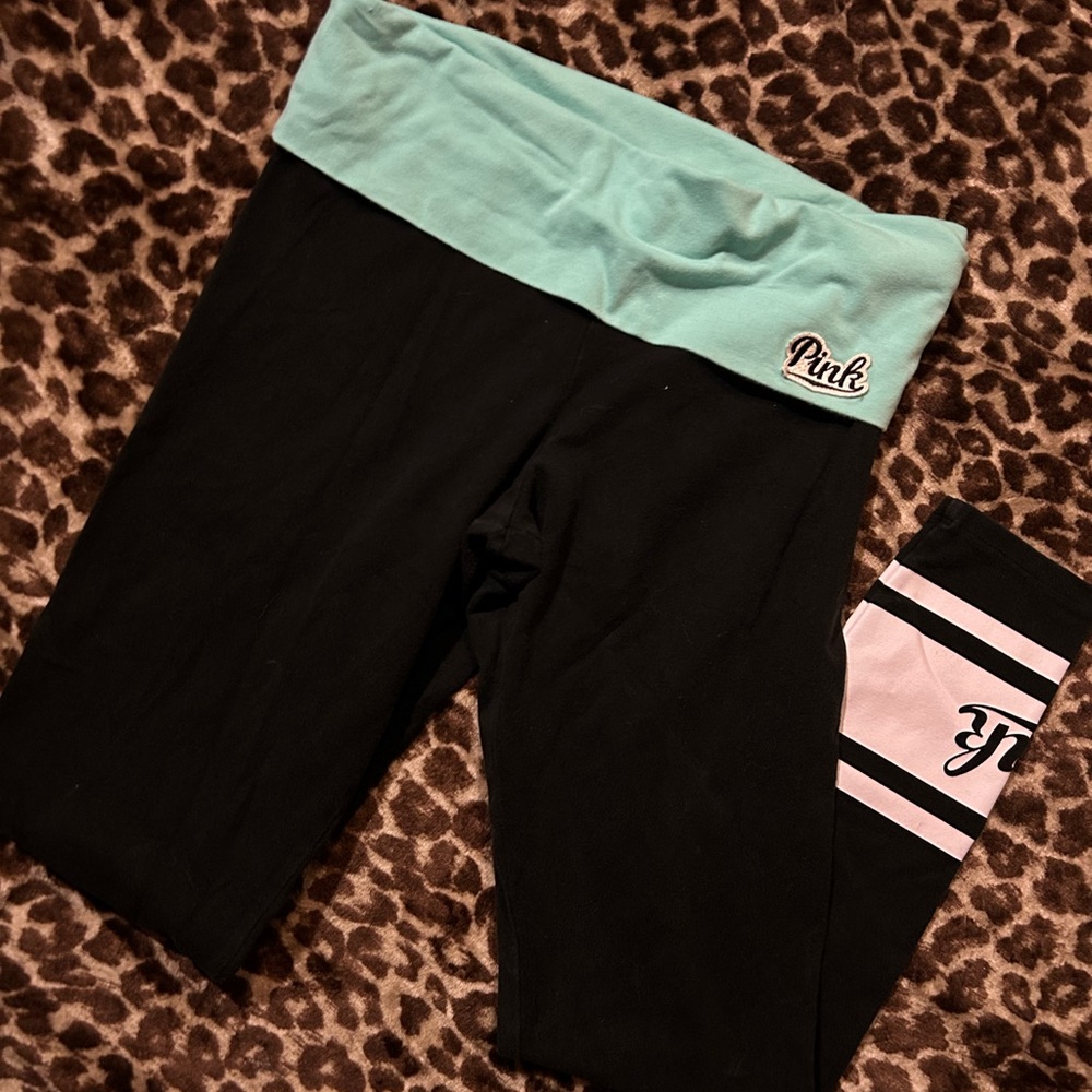 PINK Victoria's Secret Foldover Leggings - Black and Mint